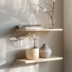 Minimalist Scandistyle floating shelves in light birch wood, cleanly isolated for a Nordic look