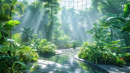 Mystical Forest Landscape with Waterfall, Lush Greenery and Sunlight, Serene Nature Beauty, Summer Scenery
