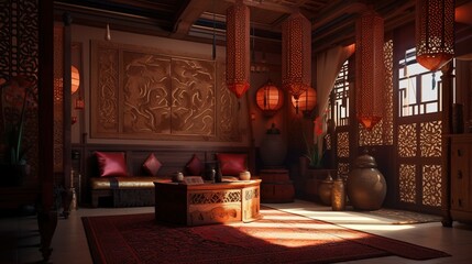 Obraz na płótnie Canvas Design of a cozy living room interior in a modern oriental style. AI generated.
