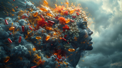 Fototapeta na wymiar human head around with drugs, abstract headache concept