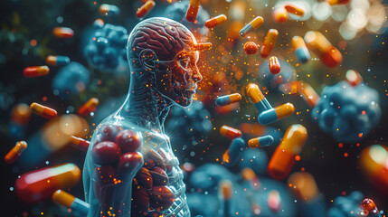 human head around with drugs, abstract headache concept - obrazy, fototapety, plakaty