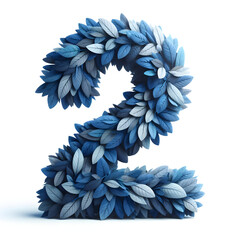 the number 2 is made out of blue Leaves, Isolated on a white background, leaves numbers concept, Creative Alphabet, numbers, Natural Blue
