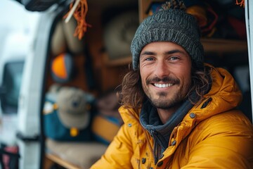 Young man in hiking winter clothes in a travel van. A smiling young man with long hair in an orange jacket sitting in his camping van.