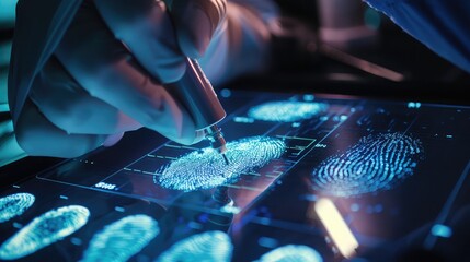 A close-up view of a hybrid forensic tool analyzing fingerprints and digital data, - obrazy, fototapety, plakaty