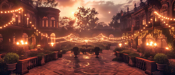 Night Garden Party with Lights, Outdoor Summer Event Decoration, Romantic and Magical Evening Setting