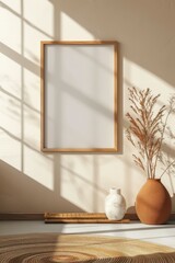 Wooden frames mockup. Blank poster frame on a beige wall in a sunny room with rust orange pot. Minimalist wall decor background.