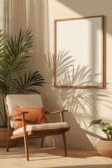 Wooden poster frame mockup in a beige minimalist vintage room with interior plants and chair