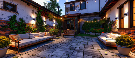 Nighttime Patio Garden with Elegant Lighting, Outdoor Home Design, Cozy Furniture and Relaxation Space