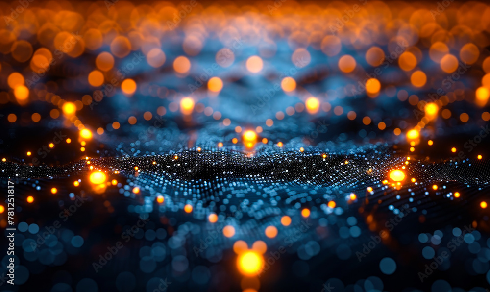 Poster glowing network mesh - golden connections on dark backdrop - concept of digital integration
