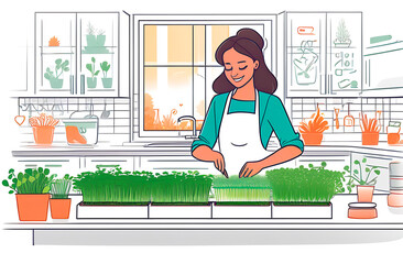 woman cultivates plants in the kitchen