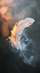 Dove feather, peaceful smoke waves, in the first light of a hopeful dawn