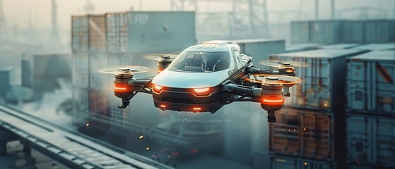 A flying car transporting goods through the skies