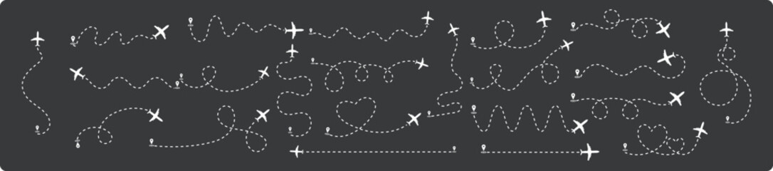 Airplane routes set. Plane dotted paths. Planes dotted flight pathways. Airplanes and location pins. Plane travel from the start point. Vector illustration.