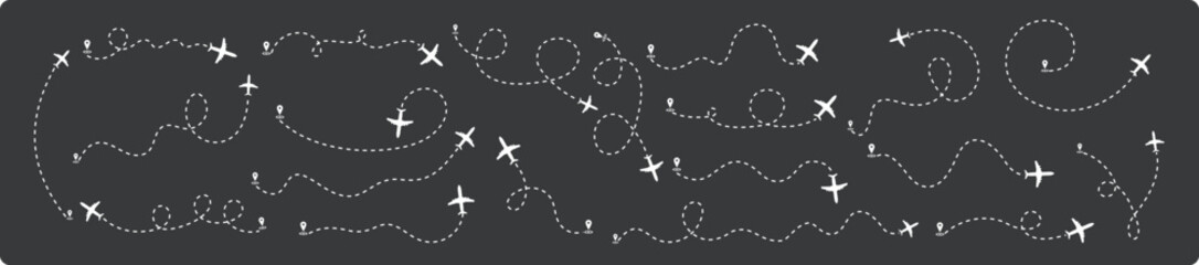 Airplane routes set, Airplane dotted route line the way airplanes, Travel concept from the start point, and dotted line tracing. Aircraft tracking, plane path, location pins. Vector  illustration.