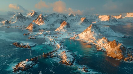   A stunning panorama of a vast water expanse surrounded by majestic mountains and a prominent bridge in close proximity - obrazy, fototapety, plakaty