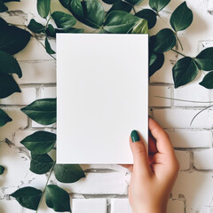 Mock up of a blank card mockup held by a female hand against a white vintage style brick wall with green leaves