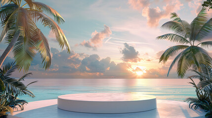 3D podium on a tropical beach with palm trees and a blue ocean background. A sunset sky with clouds. A panoramic banner for a summer vacation concept. Banner mock up design template  - Powered by Adobe