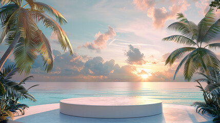 3D podium on a tropical beach with palm trees and a blue ocean background. A sunset sky with clouds. A panoramic banner for a summer vacation concept. Banner mock up design template 