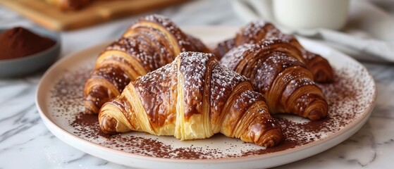 Flaky French croissants filled with rich chocolate ganache and topped with a dusting of cocoa powder