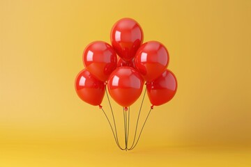 Red balloons floating in the sky against a vibrant yellow background in 3D ing