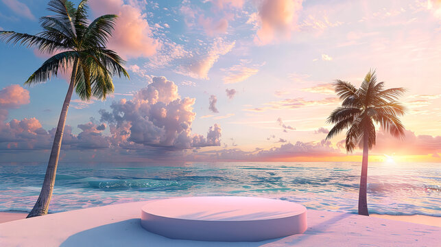 3D podium on a tropical beach with palm trees and a blue ocean background. A sunset sky with clouds. A panoramic banner for a summer vacation concept. Banner mock up design template 