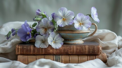   A close-up image of a vase containing flowers resting atop a book on a white fabric bed, set against a solid white backdrop