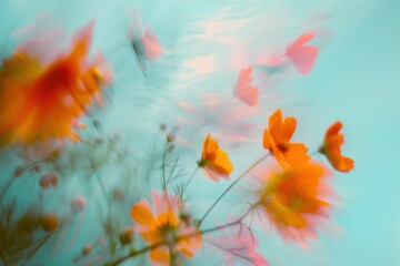Fototapeta na wymiar Beautiful Orange Flowers in a Dreamy Blue and Turquoise Water Background Reflecting Light and Tranquility