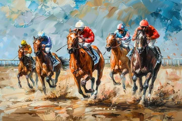 Fototapeten derby event, Horse racing, jockey riding a horse on the track illustration © Iryna