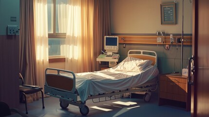 A hospital room with a bed, chair, bedside cabinet, and curtains.