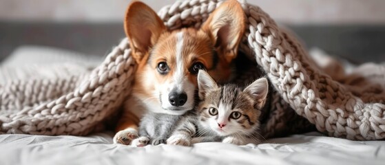 Friendly Pembroke Welsh corgi puppy hugs tiny kitten under warm blanket on a bed at home. Empty space for text