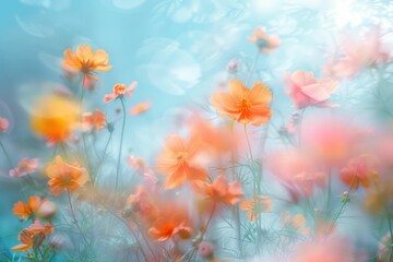 Fototapeta na wymiar Beautiful Orange Cosmos Flowers in a Field with Blue Sky and Blurry Bokeh Effect Nature Background Photo