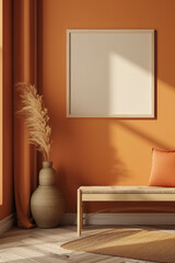 Mock up of a blank square poster frame on an orange wall in a minimalist boho room with a bench and a vase with pampas grass