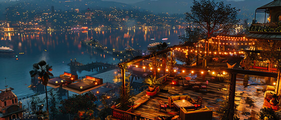 Panoramic Night View of a Coastal City, Illuminated by Lights and Reflecting a Vibrant Urban Life Against the Calm Sea