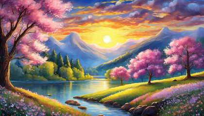 Oil painting of spring evening landscape with blooming pink trees and sun in the sky. - obrazy, fototapety, plakaty