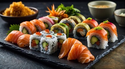 A plate of delicious sushi rolls is laid out on a slate platter. A series of sushi laid out on a black board.