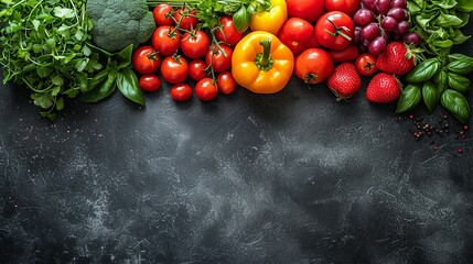 Top view of fesh vibrant vegetables over a modern charcoal style surface. Healthy food banner on dark background with copy space
