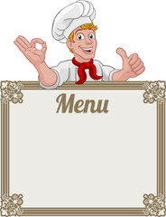 A chef cook or baker man cartoon character giving a thumbs up and perfect okay chefs hand sign. Peeking over a background menu sign board.
