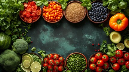 Top view of a table with healthy fruits and vegetables. Healthy food banner on dark background with copy space