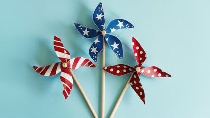 Three Red, White and Blue Pinwheels on a Blue Background, Copy-Space
