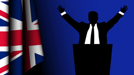 The silhouette of a politician raises his arms in a sign of victory, with the flag of the United Kingdom on the left
