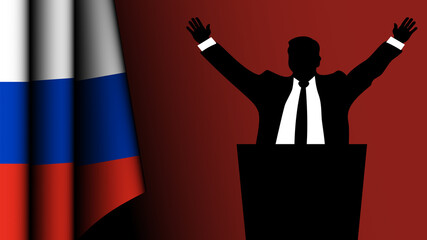 The silhouette of a politician raises his arms in a gesture of victory, with the Russian flag on the left