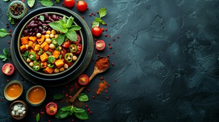   A bowl of vegetables and sauces on a dark surface with a spoon and cup of tea nearby