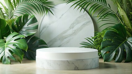 White marble product podium template, minimalist style, suitable for displaying any product surrounded by green plants.