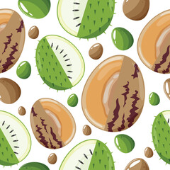 Easter seamless pattern with decorated eggs with soursap, pepino and colorful eggs for holiday poster, textile or packaging	