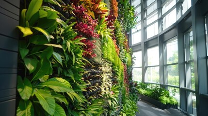 A living wall bursting with colorful, textured perennial plants, thriving inside a modern office building