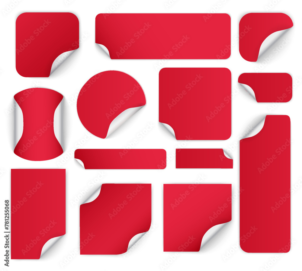 Poster set of round adhesive stickers with folded edges. yellow paper sticker of different shapes with curl