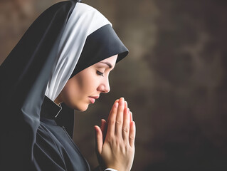 Portrait of a beautiful caucasian nun in black habit praying