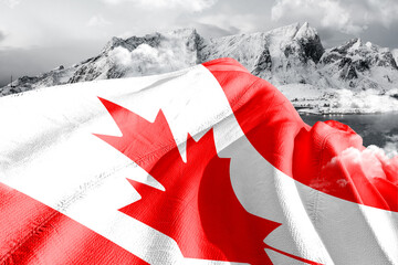 Canada national flag cloth fabric waving on beautiful ice Mountain Background.