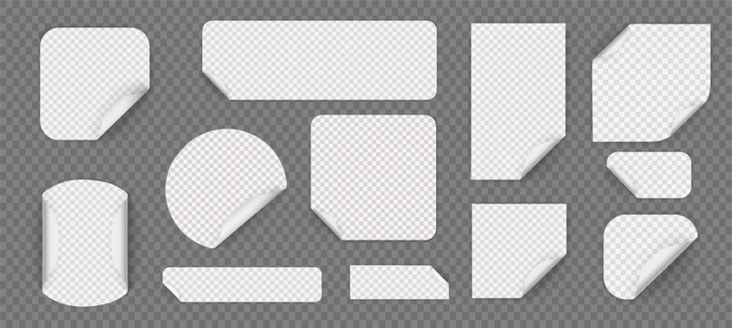 Set of round adhesive stickers with folded edges. Yellow paper sticker of different shapes with curled corners. Empty price tag templates. Mega savings, sale sticker set. Vector illustration.