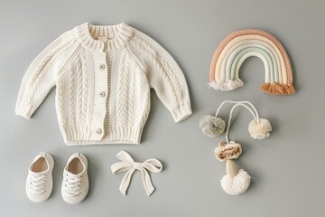 Bohemian style of newborn baby bodysuit with knitted rainbow, onesie, beanie, overalls and shoes. Child flat lay. Neutral colors grey background. Perfect for infant baby outfit fashion collection